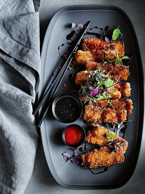Crumbed pork with teriyaki dressing