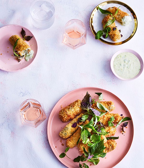 Crumbed rice paper rolls with crab and green Sriracha mayo