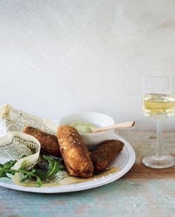 Crumbed sardines with pecorino and eggplant puree (Sardine con pecorino Sardo e salsa di melanzane)