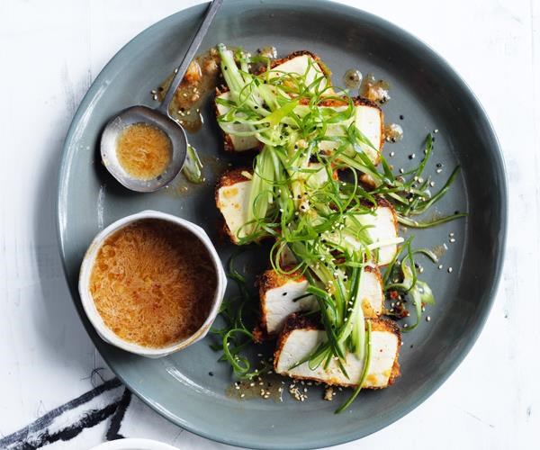 Crumbed tofu with kimchi dressing