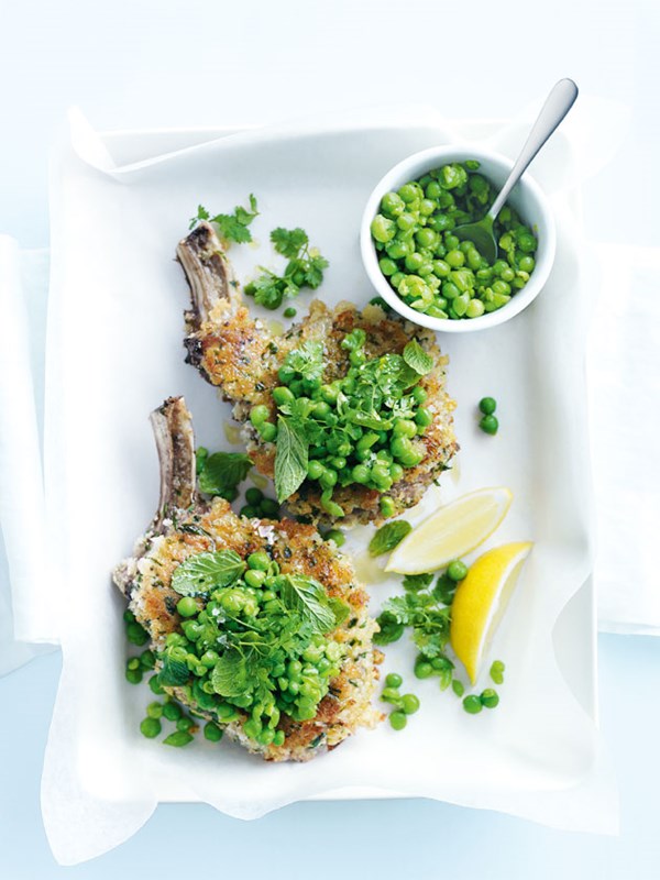 Crumbed veal cutlets with minted peas