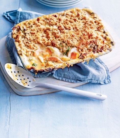 Crumble-topped fish pie with soft boiled eggs