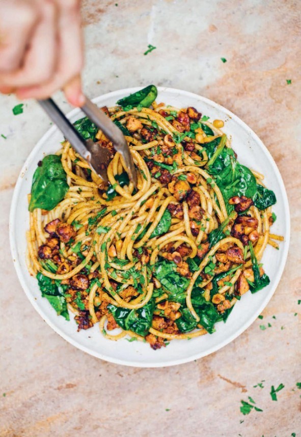 Crumbled miso tempeh pasta