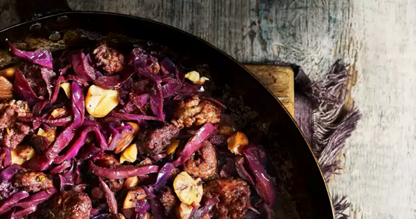 Crumbled sausage, cabbage and chestnut pan fry