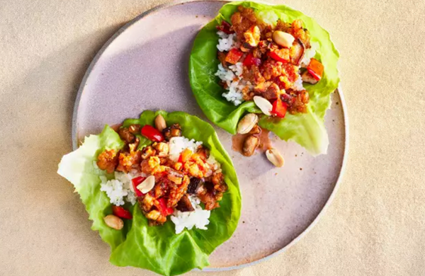 Crumbled-tofu-and-shiitake lettuce cups