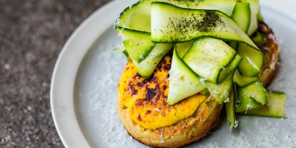 Crumpets with Parmesan custard and courgette
