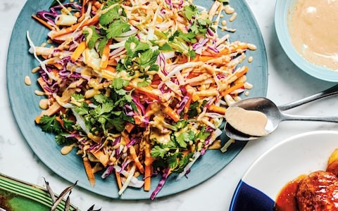 Crunchy carrot and cabbage salad with a peanut dressing