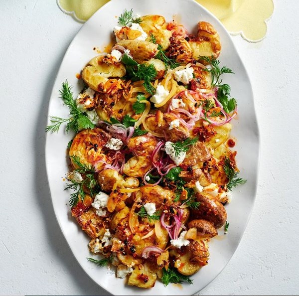 Crunchy chilli and lemon roasted potatoes with goat's cheese