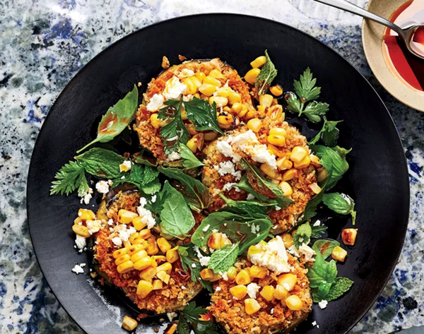 Crunchy eggplant and corn salad with mint and feta