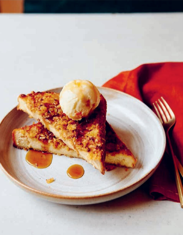 Crunchy French toast with honey butter potato chips and mandarin ice cream