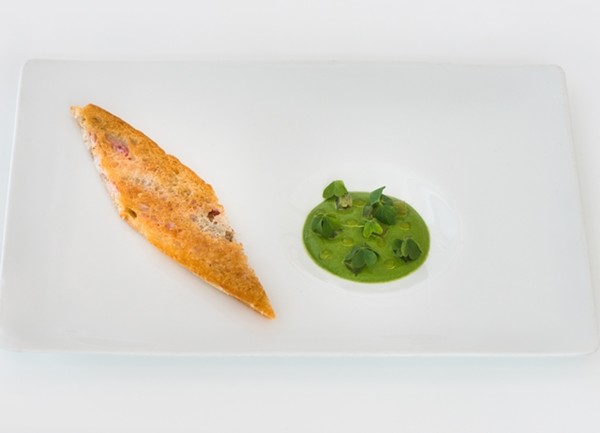 Crunchy mullet with parsley and anchovy cream and candied rhubarb