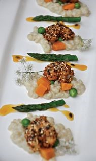 Crunchy quinoa shrimp with sweet potato trigotto and passion fruit glaze
