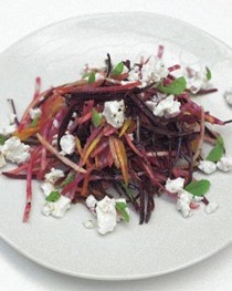 Crunchy raw beetroot salad with feta and pear