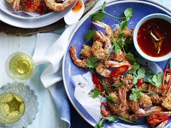 Crunchy salt & pepper prawns with sweet chilli syrup
