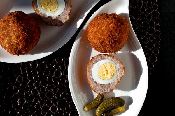 Crunchy Scotch eggs with horseradish and pickles
