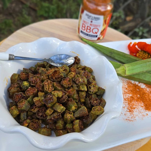 Crunchy sweet BBQ okra "croutons"