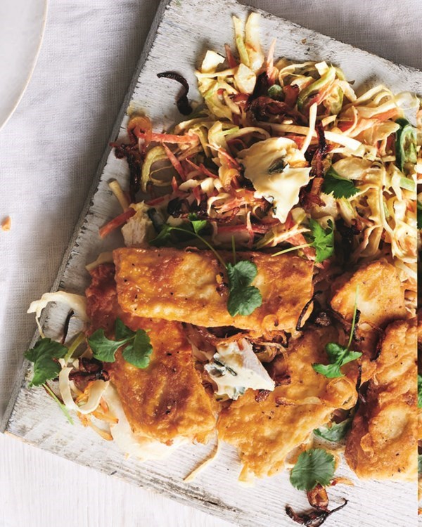 Crunchy tofu nuggets with blue cheese slaw