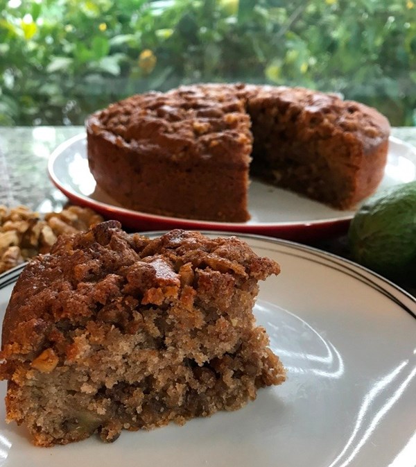 Crunchy-topped feijoa & walnut cake [Natalie Oldfield]