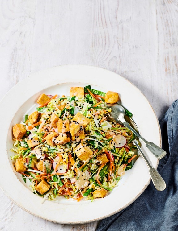 Crunchy veg and smoked tofu salad with sesame dressing