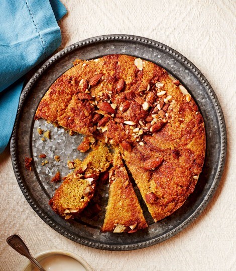 Crushed almond and lavender honey cake with crème fraîche