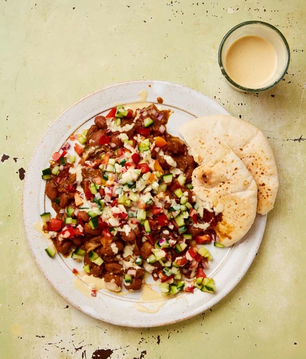Crushed borlotti beans, chopped salad and tahini