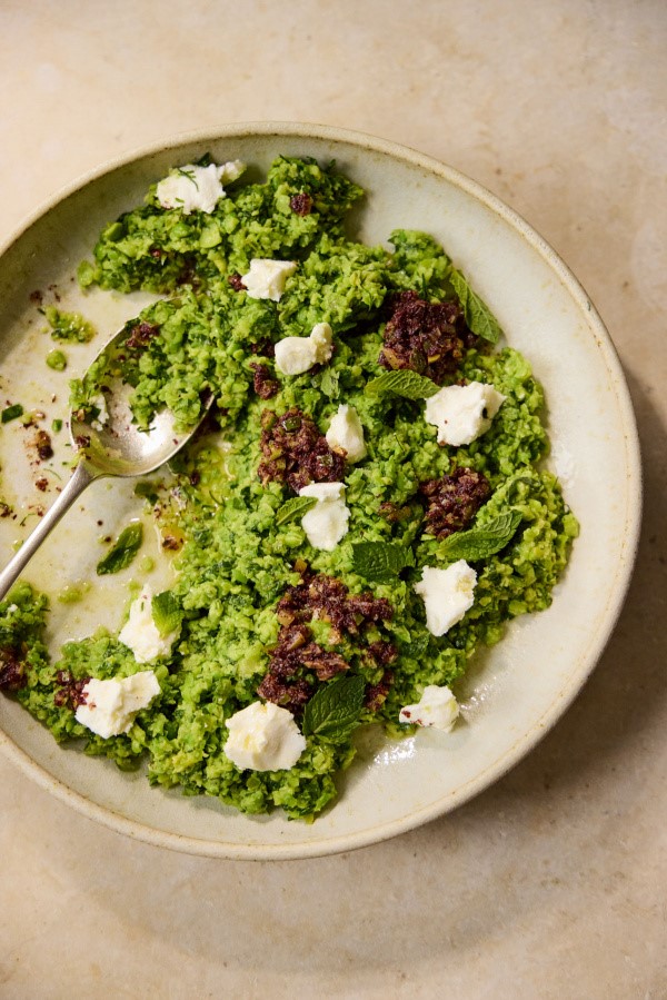 Crushed broad beans with goat's cheese & preserved lemon salsa