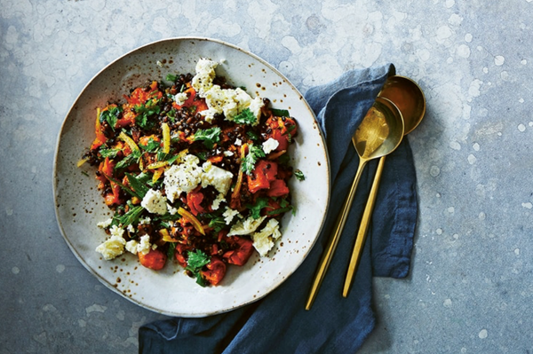 Crushed carrots with feta, black barley and preserved lemon