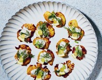 Crushed crisped new potatoes with sour cream & dill