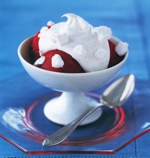 Crushed-meringue sundaes with raspberry-rose water sorbet and vanilla cream