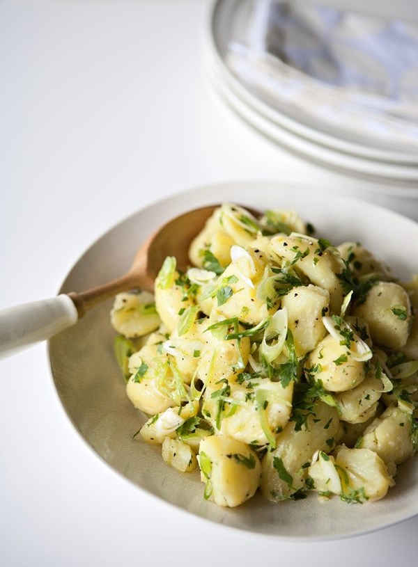 Crushed new potato salad with mustard dressing