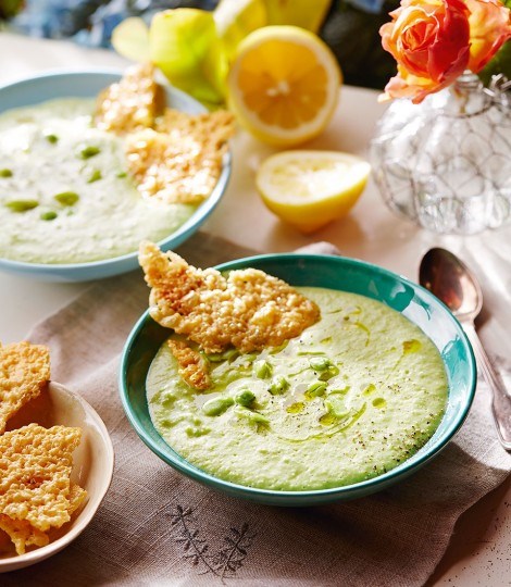 Crushed pea & broad bean soup with cheese crisps