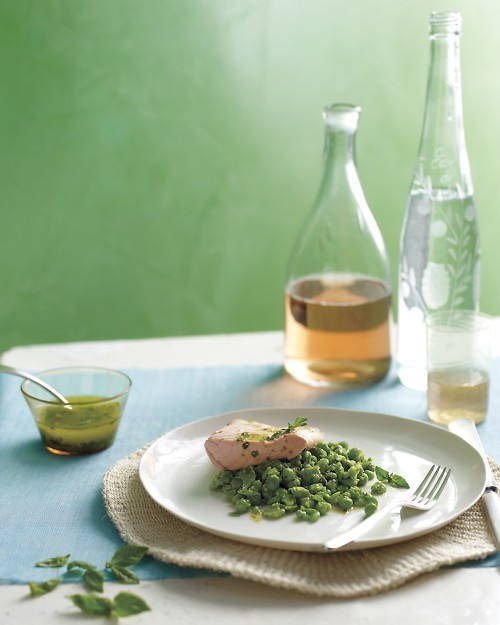 Crushed peas with poached salmon
