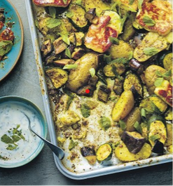Crushed potato & halloumi traybake with summer veg