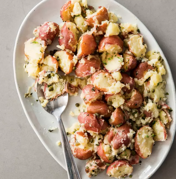 Crushed red potatoes with oregano and capers