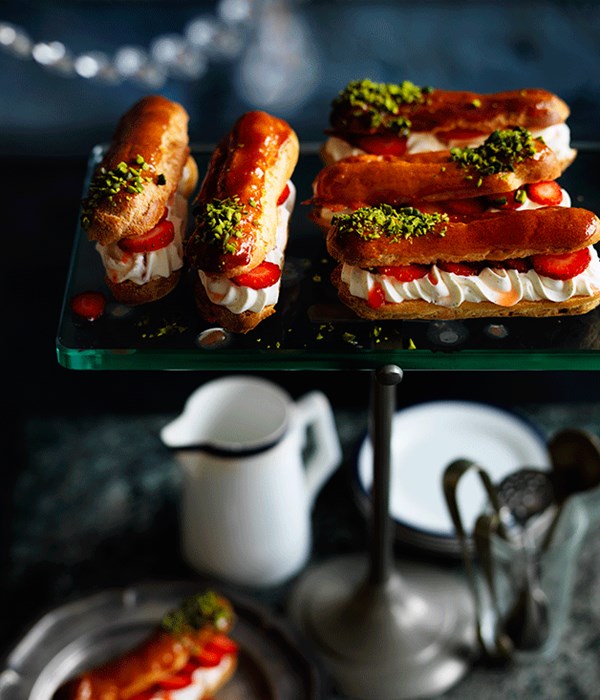 Crushed strawberry and pistachio éclairs
