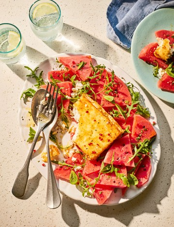 Crusted feta with a rocket and watermelon salad