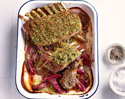 Crusted lamb rack with rhubarb