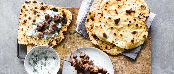 Crusted lamb skewers with dill flatbreads and garlic yogurt