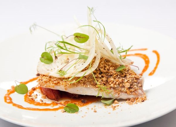 Crusted sea bream, Andalusian tomato, smoked almonds, fennel, lemon