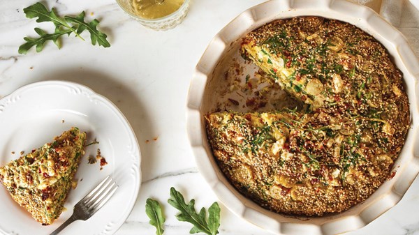 Crustless quiche with arugula, feta, green grapes, and sun-dried tomatoes