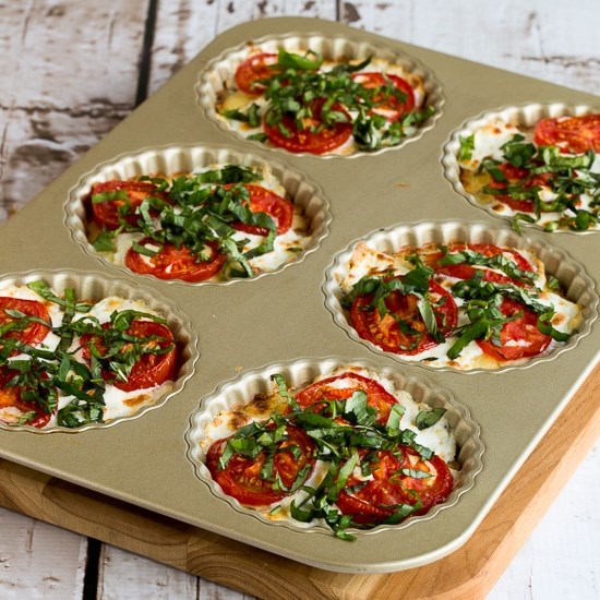Crustless tomato-basil breakfast tarts with mozzarella and goat cheese