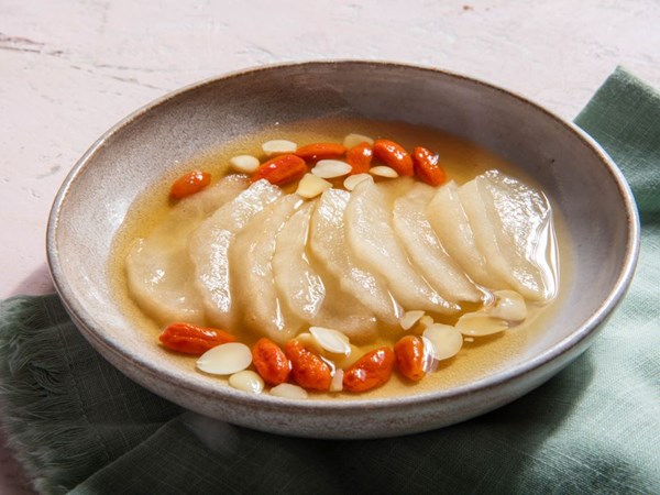 Cryo-poached Asian pears with goji syrup