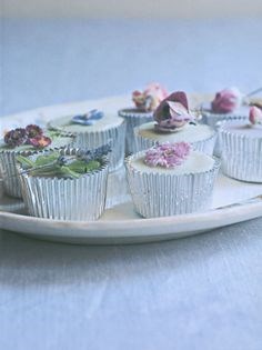 Crystallised flower fairy cakes