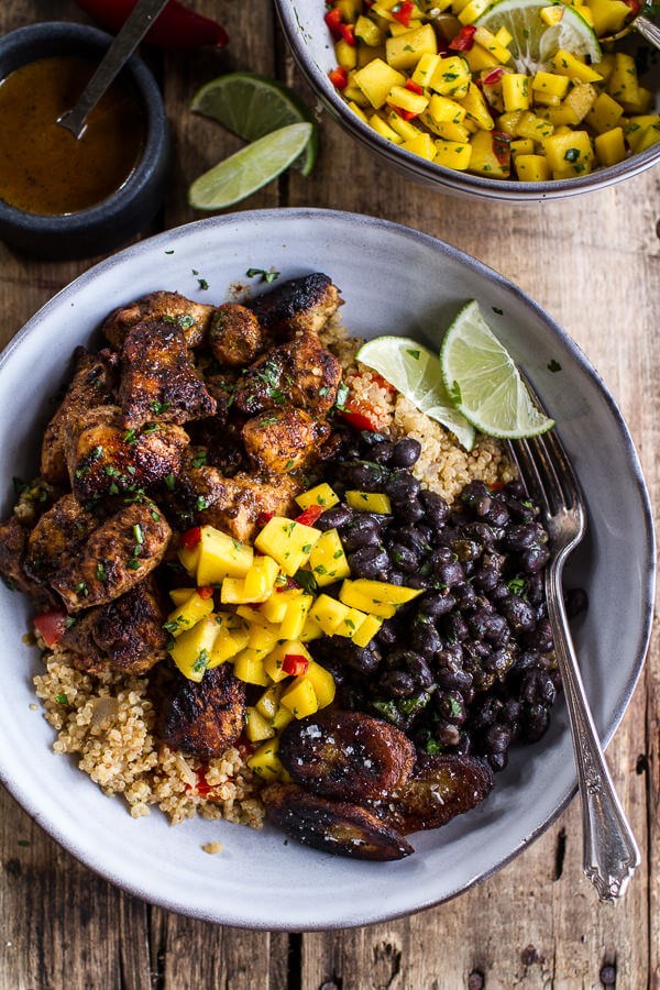 Cuban chicken and black bean quinoa bowls with fried chili spiced bananas + spicy mangos