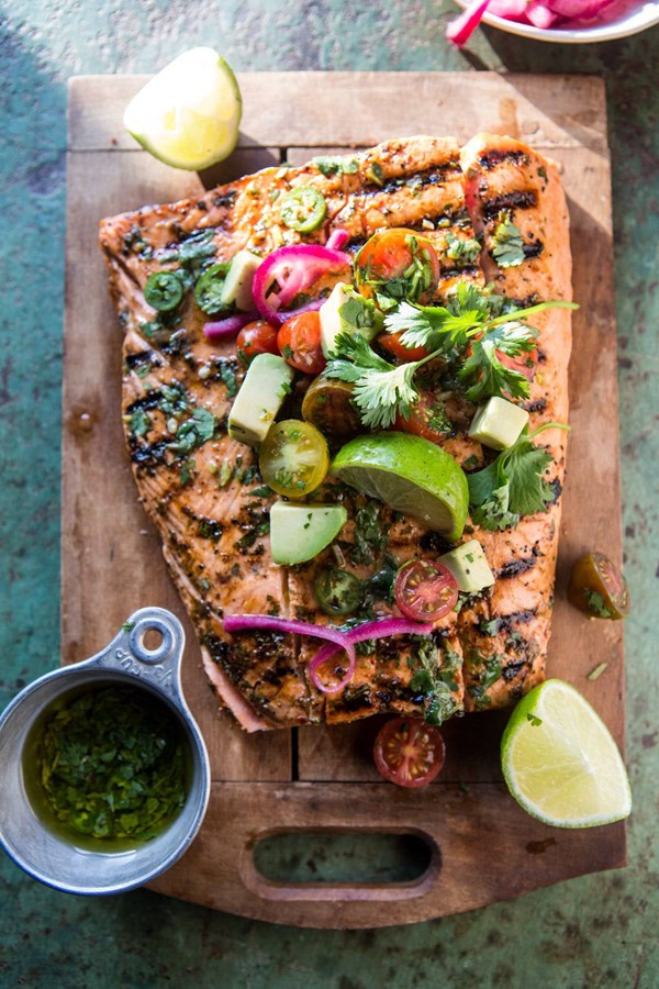 Cuban grilled salmon with tomato avocado salsa