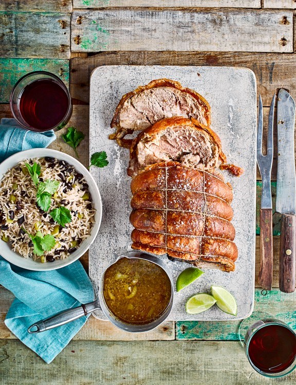 Cuban mojo roast leg of pork with rice and beans