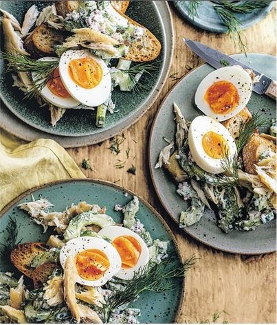 Cucumber & dill salad with smoked mackerel and egg