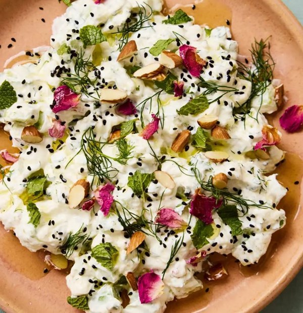 Cucumber & feta yogurt with dill, almonds & rose (Khyar bil laban)