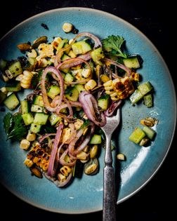 Cucumber + roasted corn salad