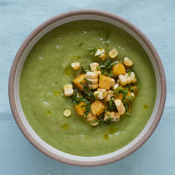Cucumber and avocado soup with mango salsa